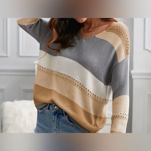 Women Color Block Long Sleeve, Hollow Out Drop Shoulder V Neck Sweater. Size M